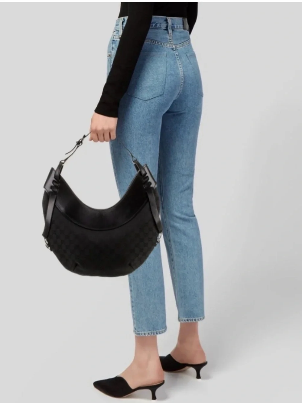 Gucci Black Crescent Hobo Bag with Monogram Canvas & Leather Trim